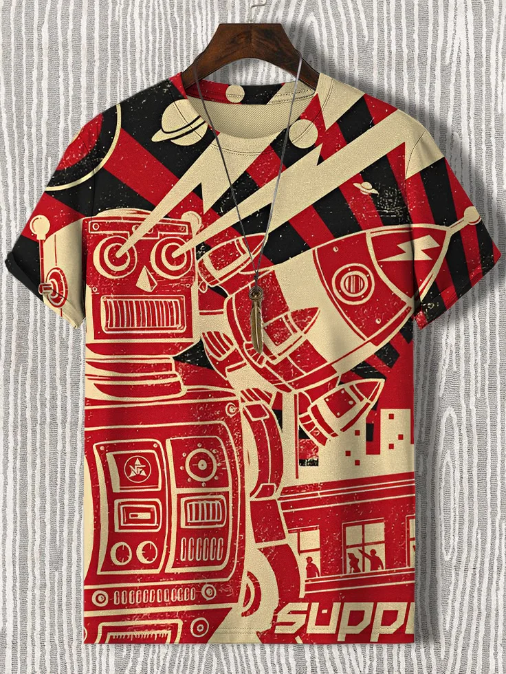 Men's Retro Robot And Rocket Art Print Casual T-Shirt