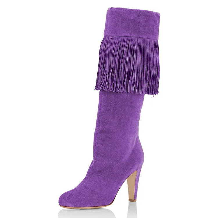 Purple Vegan Suede Fringe Chunky Heel Knee-High Boots |FSJ Shoes