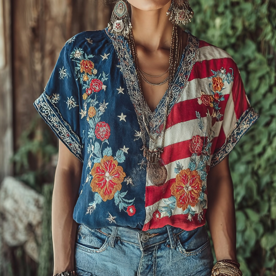 Women's Independence Day Contrast Commemorative Print T-shirt elevenforest