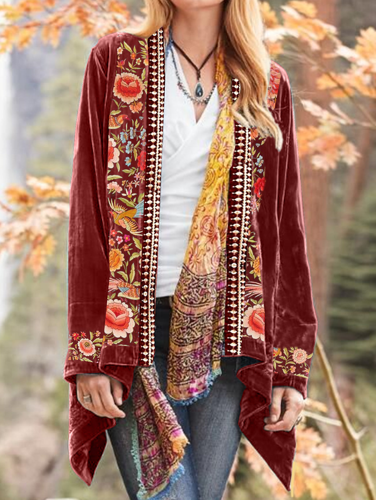 Ursime Boho Floral Pattern Open Front Cardigan