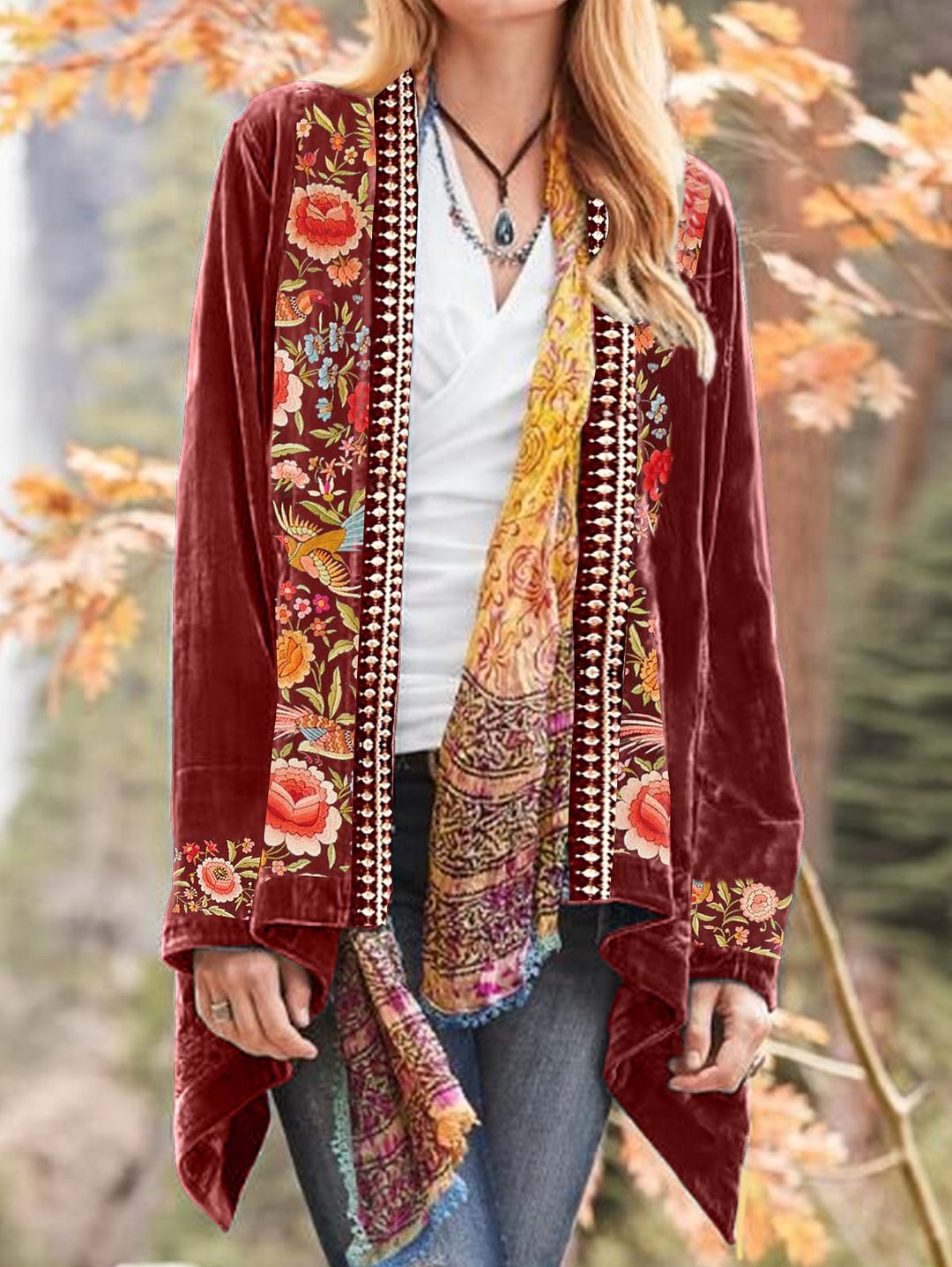 Boho Floral Pattern Open Front Velvet Cardigan