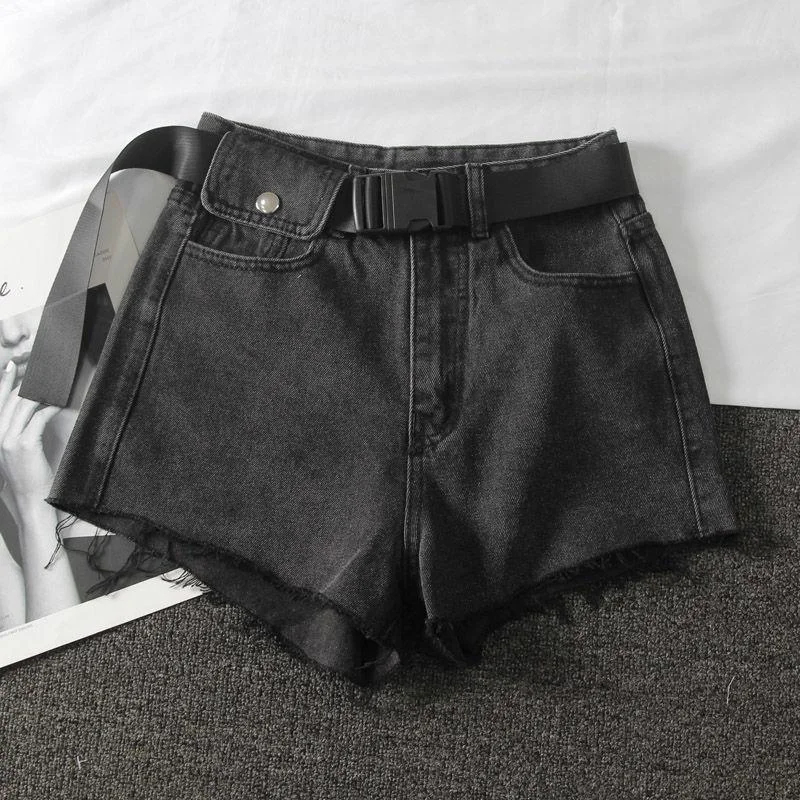 Ailegogo New Summer Women High Waist Black Blue Denim Shorts Casual Female Hole Solid Color Plus Size 2xl Jeans Shorts With Belt