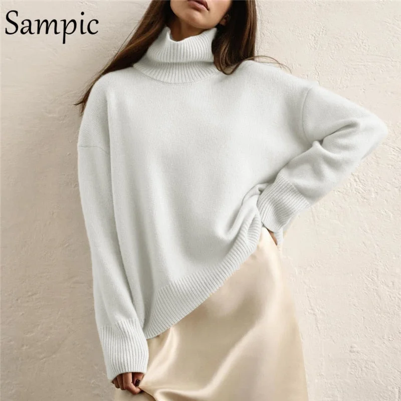 Sampic Sexy Women Casual Knitted Pullovers Long Sleeve Jumpers Sweater Tops Turtleneck Loose White Cropped Sweater Autumn Winter