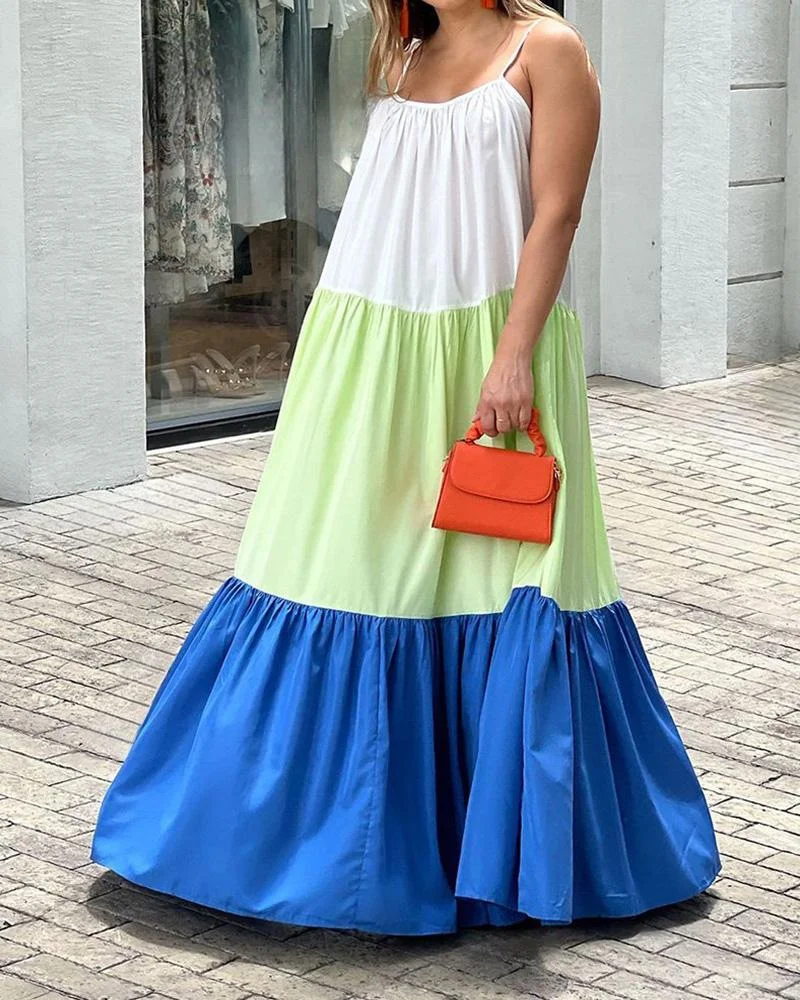 Contrast Color Patchwork Suspender Large Skirt Dress