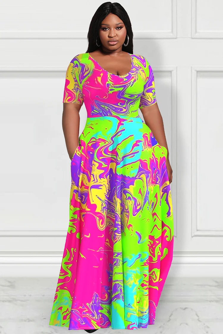 Xpluswear Design Plus Size Daily Multicolor Casual Graphic Round Neck Short Sleeve Pocket Maxi Dresses 2024 - Xpluswear