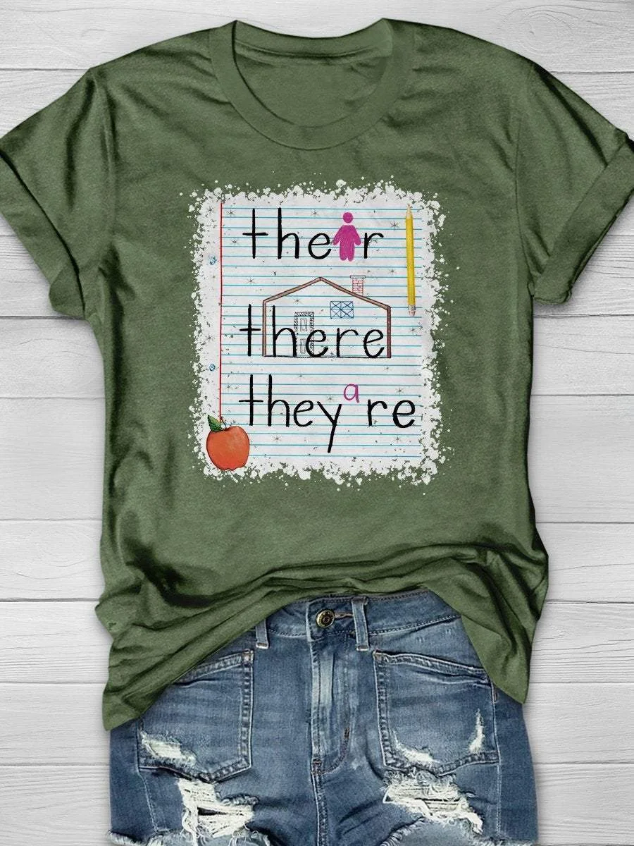 Funny Teacher Their There They're Print Short Sleeve T-shirt