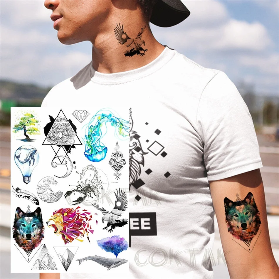 Realistic Fake Black Animal Temporary Tattoos Sticker For Men Women Geometric Wolf Outer Space Tatoo Temporary Decal For Kids