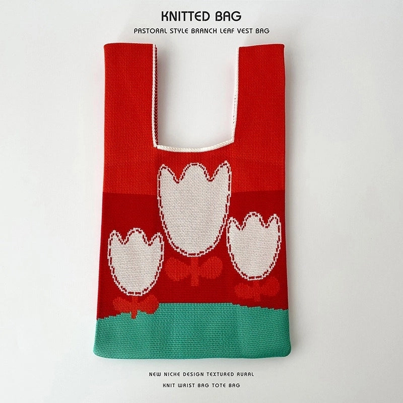 Women’s Medium Knit Letter Flower Cute Vintage Style Square Open Handbag