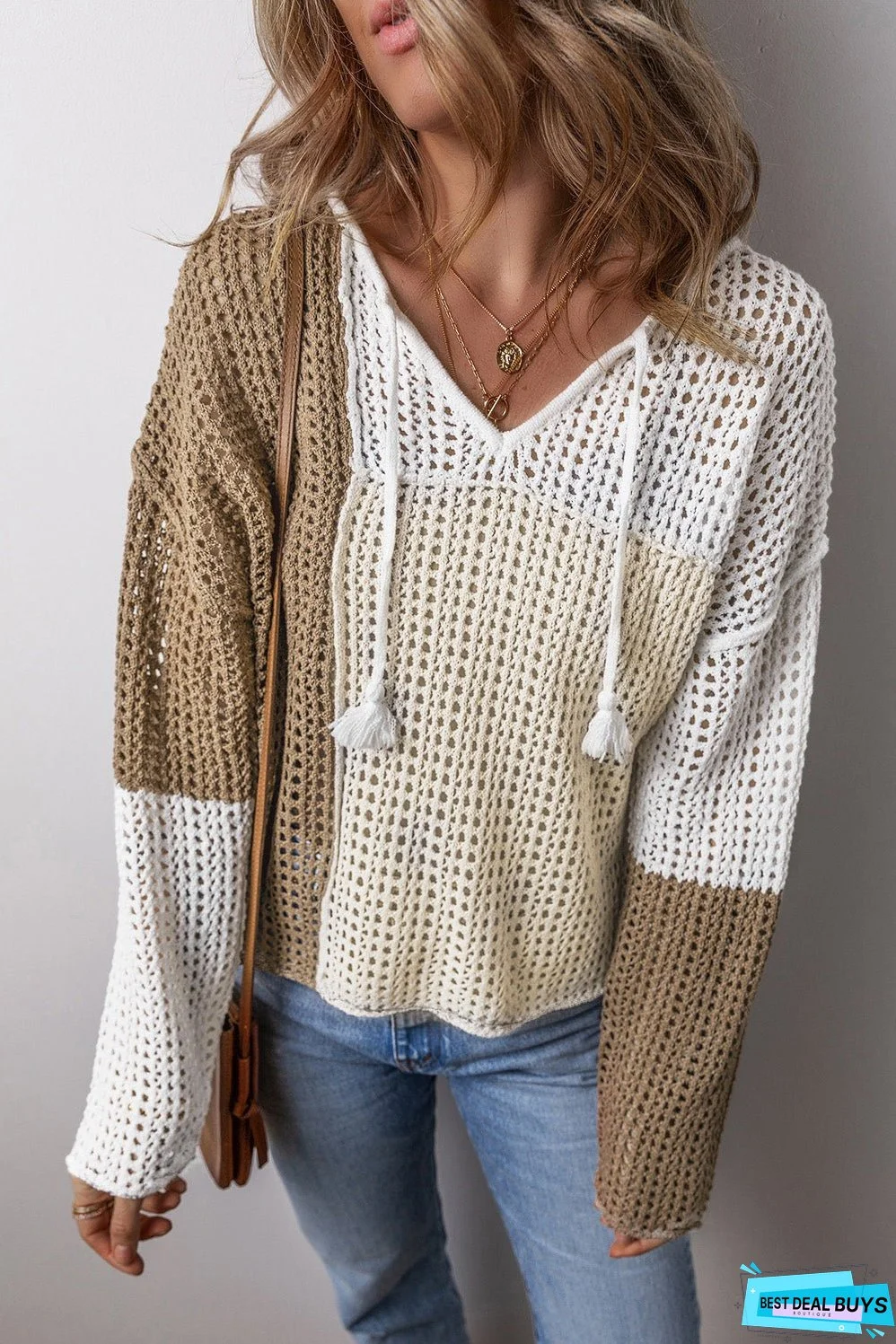 Brown Colorblock Hollow-out Front Tie V Neck Lightweight Sweater