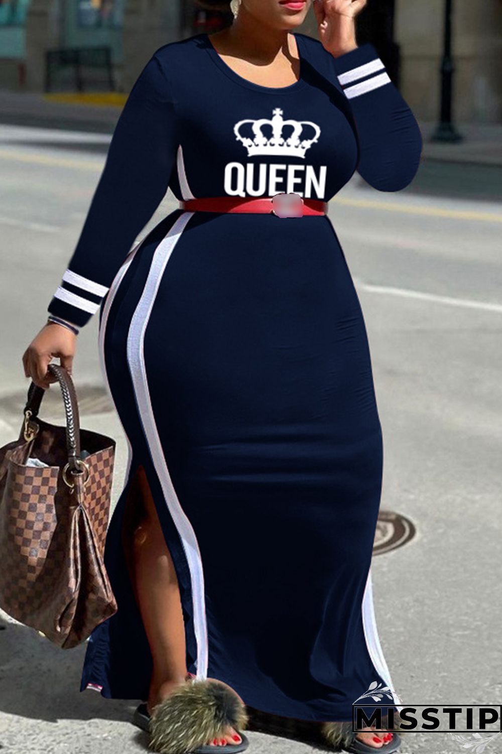 Gray Blue Fashion Casual Letter Print Patchwork O Neck Plus Size Dresses (Without Belt)