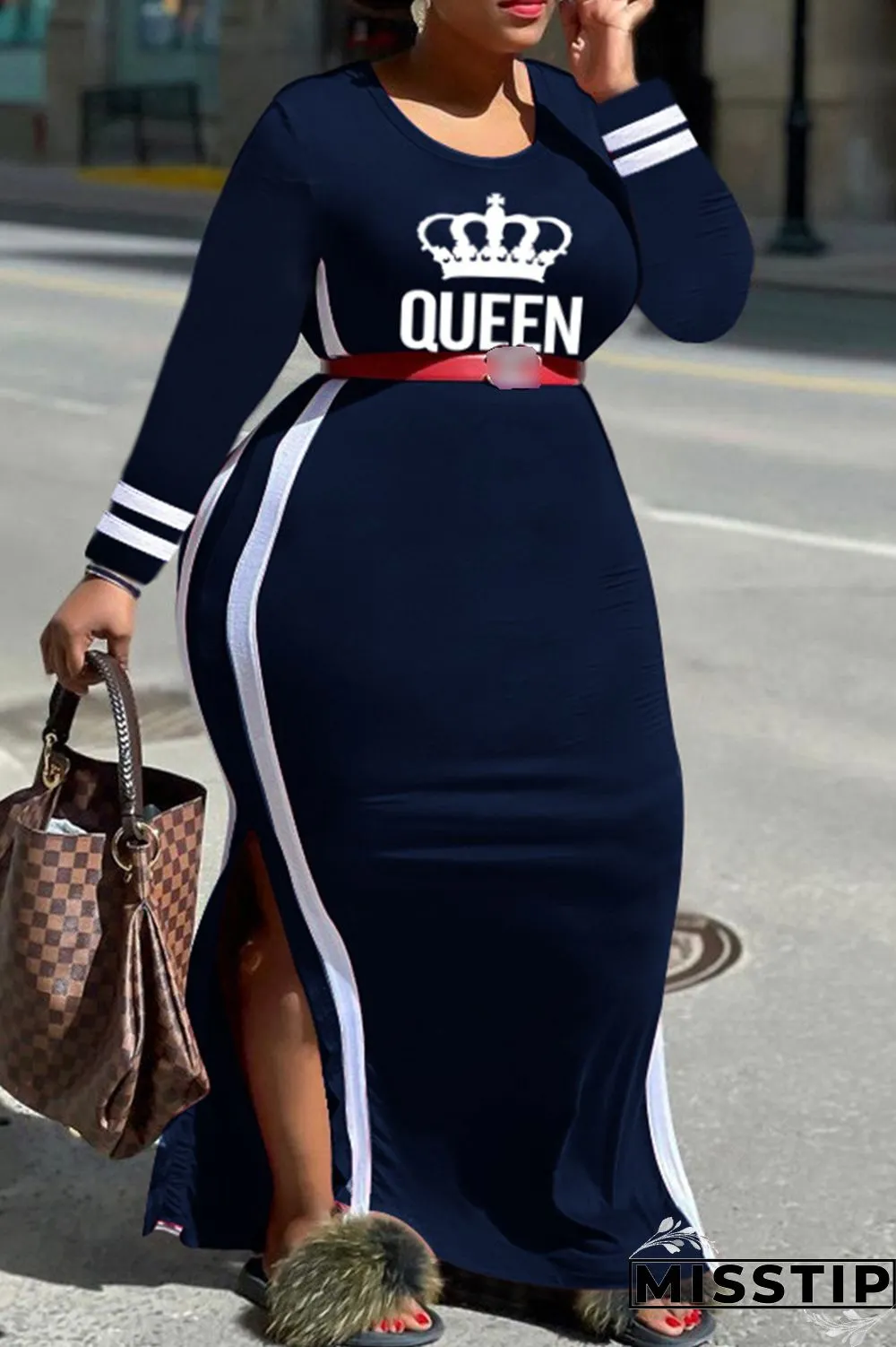 Gray Blue Fashion Casual Letter Print Patchwork O Neck Plus Size Dresses (Without Belt)