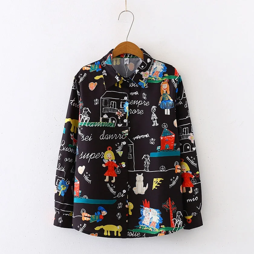 2020 Spring New Women Cartoon doodle Print Chiffon Blouse Autumn Long Sleeve White Shirt Vintage Loose Tops Feminina Blusa T9D74