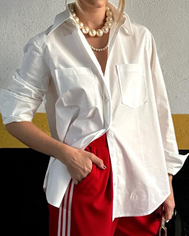 Chest Pockets Solid Color Single Breasted Long Sleeve Oversized Shirt