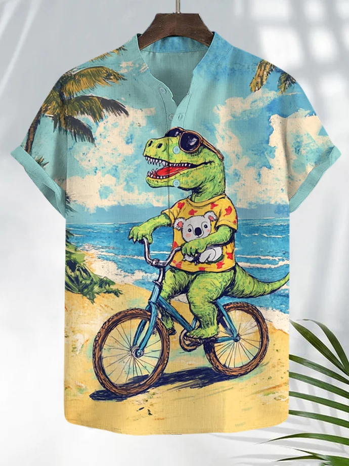Men's Dinosaur Biking on the Beach Vacation Print Short Sleeve Shirt