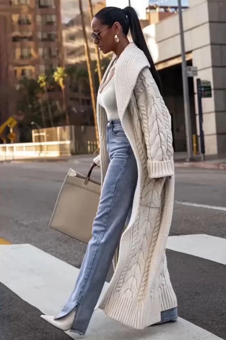 Weave Pattern Knit Turndown Collar Long Sleeve Long Sweater Cardigan-Beige