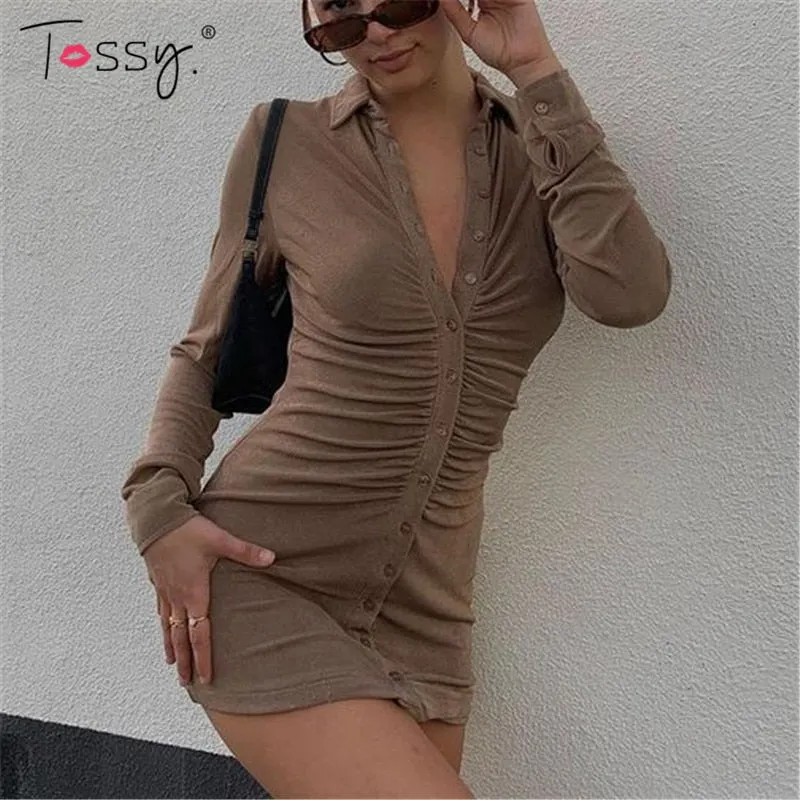 Tossy 2021 Spring Shirt Dress With Ruched Sexy Turn-Down Collar Long sleeve Mini Dress Casual Streetwear Female Designer Dresses
