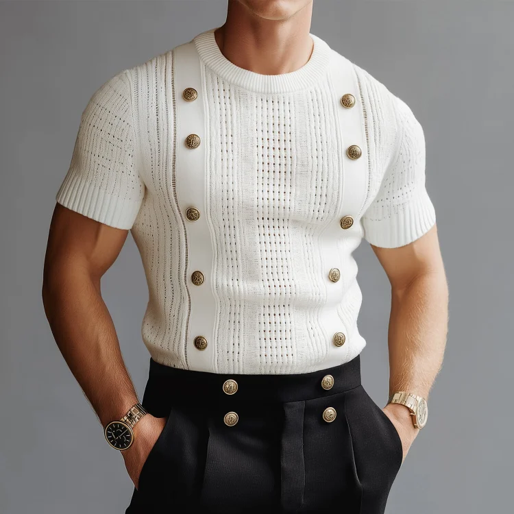 Okaywear Hollow Knit Button Decor Crew Neck Short Sleeve T-Shirt 