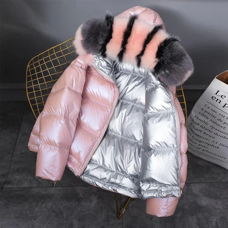 FTLZZ Winter Jacket White Duck Down Parkas Women Gold Silver Double Side Coat Big Aritificial Fur Hooded Female Down Oversize