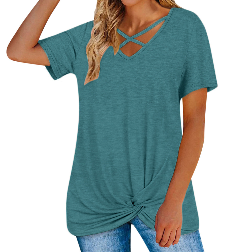 Oversized V-neck Loose Solid Twist Knot T-shirt