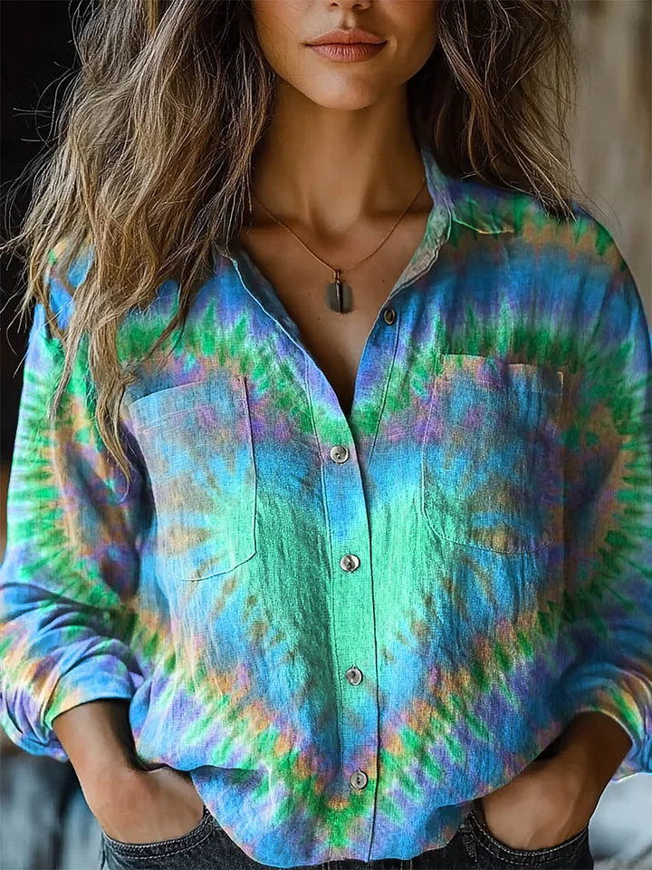 Women's Colorful Heart Tie Dye Print Casual Long Sleeve Comfortable Cotton Shirt