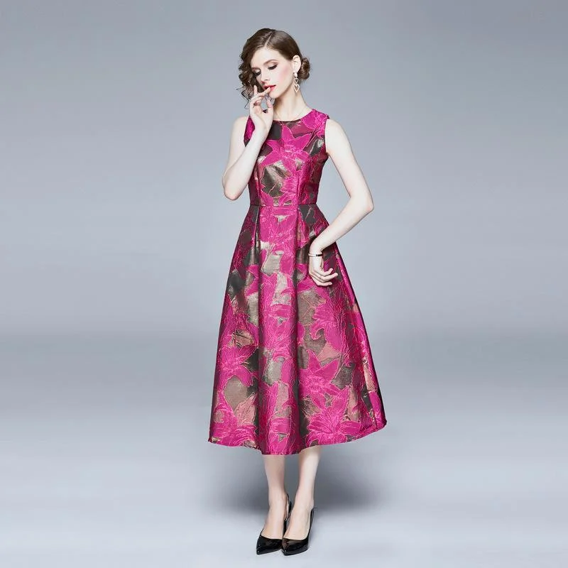 High waist big swing temperament jacquard round neck sleeveless dress