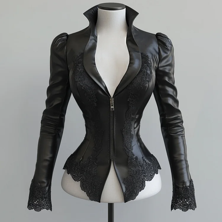 Ursime PU Leather Stand Collar Lace Trim Zipper Jacket