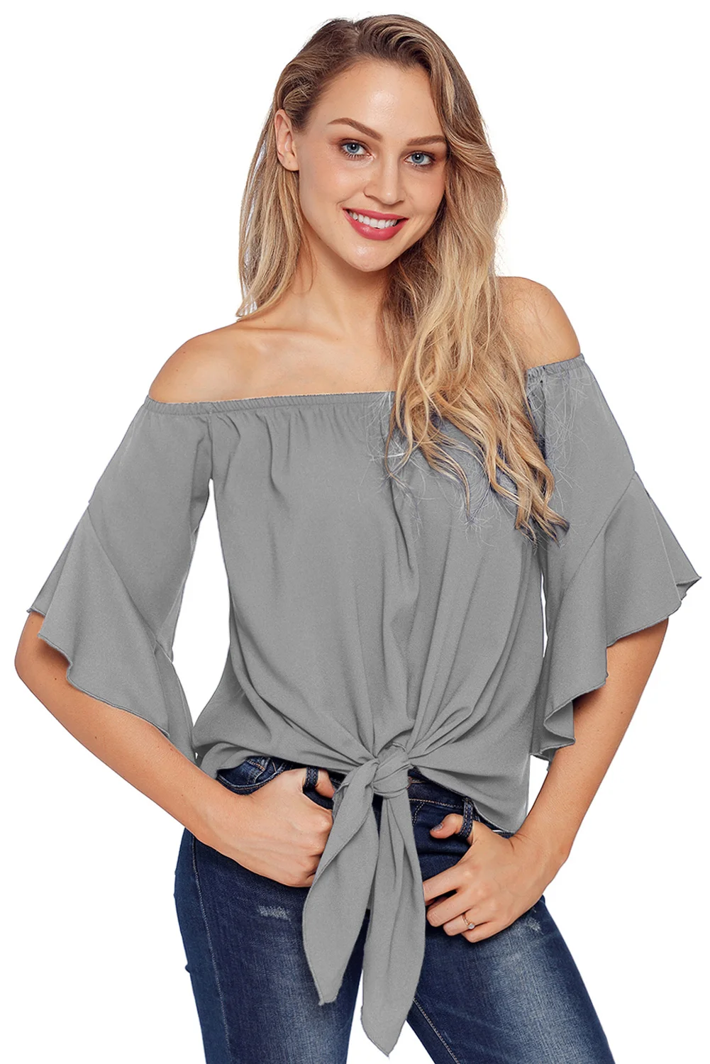 Gray Off The Shoulder Knot Front Top | IFYHOME