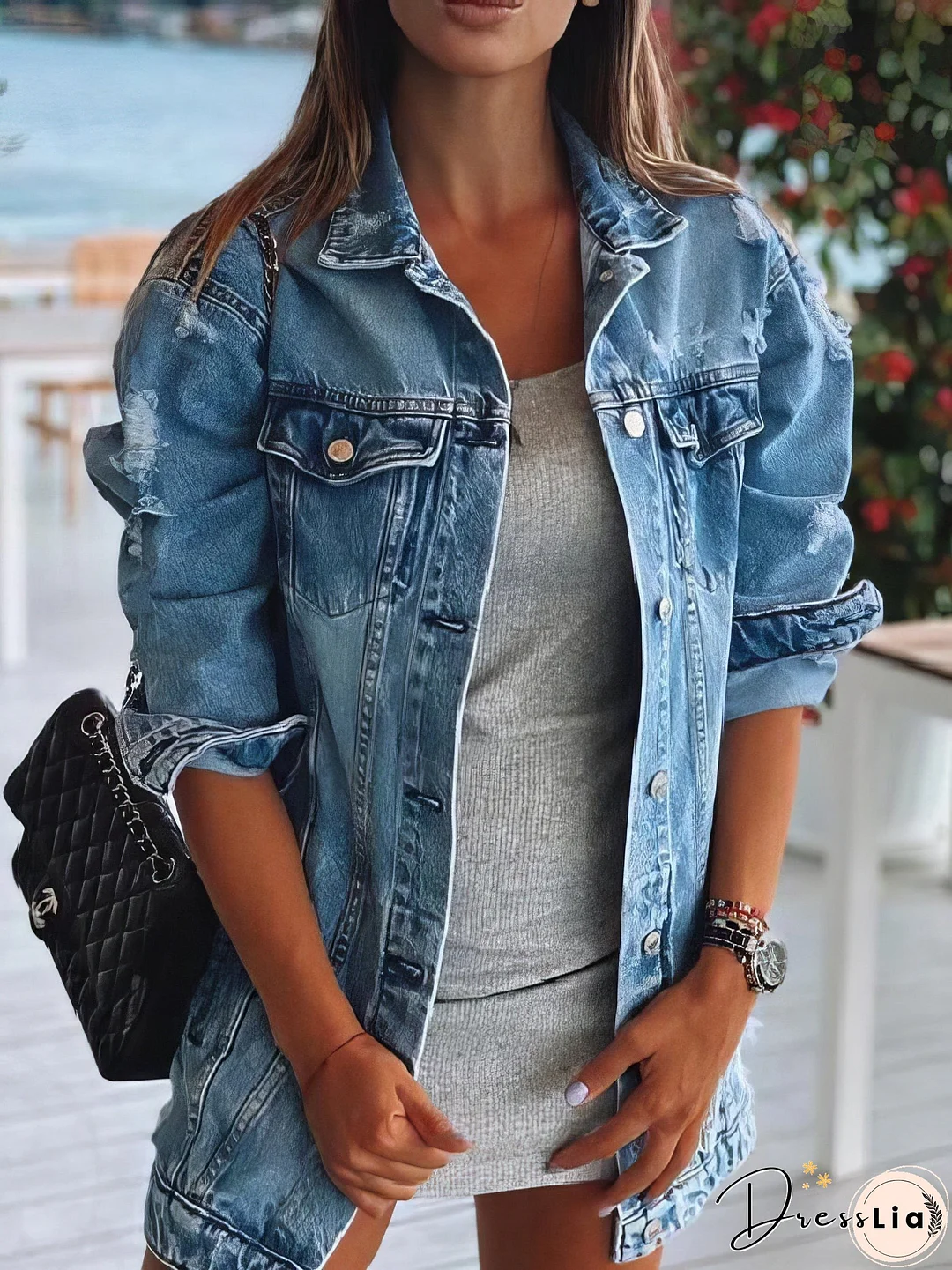 Light Wash Denim Jacket with Crystal Detail