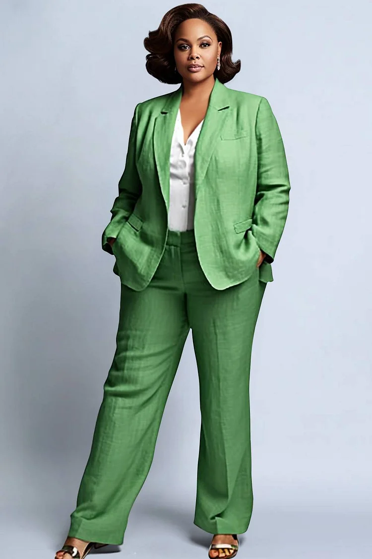 Xpluswear Design Plus Size Business Casual Green Turndown Collar Long Sleeve Pocket Flax Two Piece Pant Sets [Pre-Order]