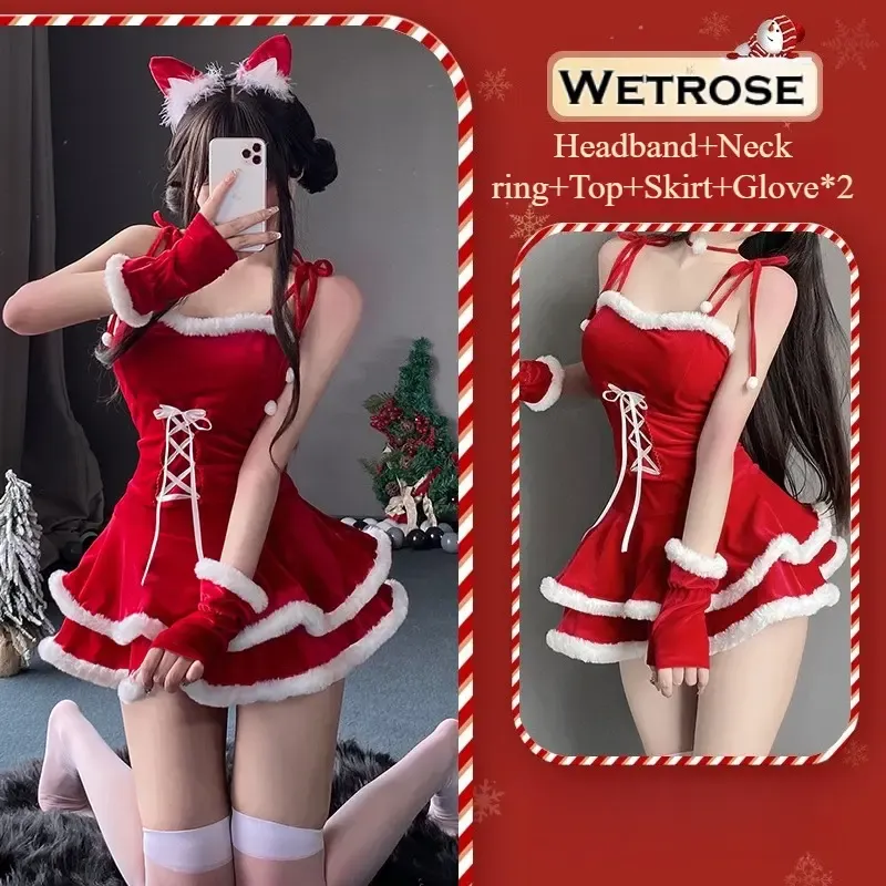 [Wetrose] In Stock Christmas Santa Red Velvet Tiered Dress with Cape Cat Ear Headband Party Outfit Cosplay Costume Xmas