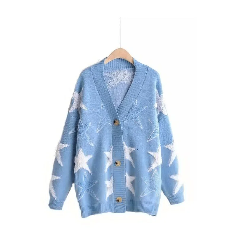 Top women's knitted jacket cardigans 2021 autumn winter new loose and versatile stitching star mid-length sweater cardigan