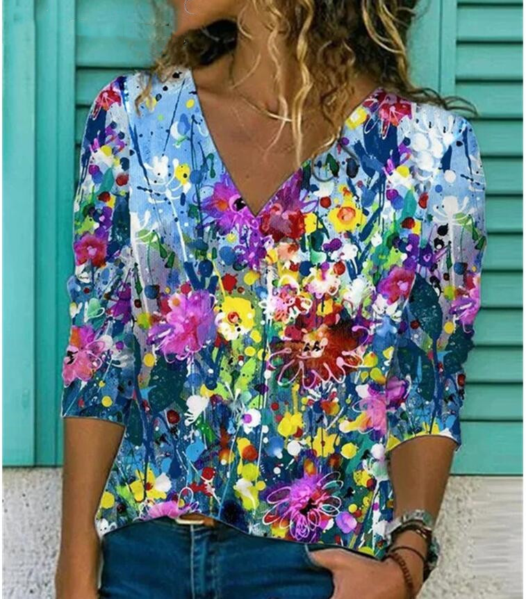 Summer New Boho Flower Print Casual Loose Blouses&Shirts