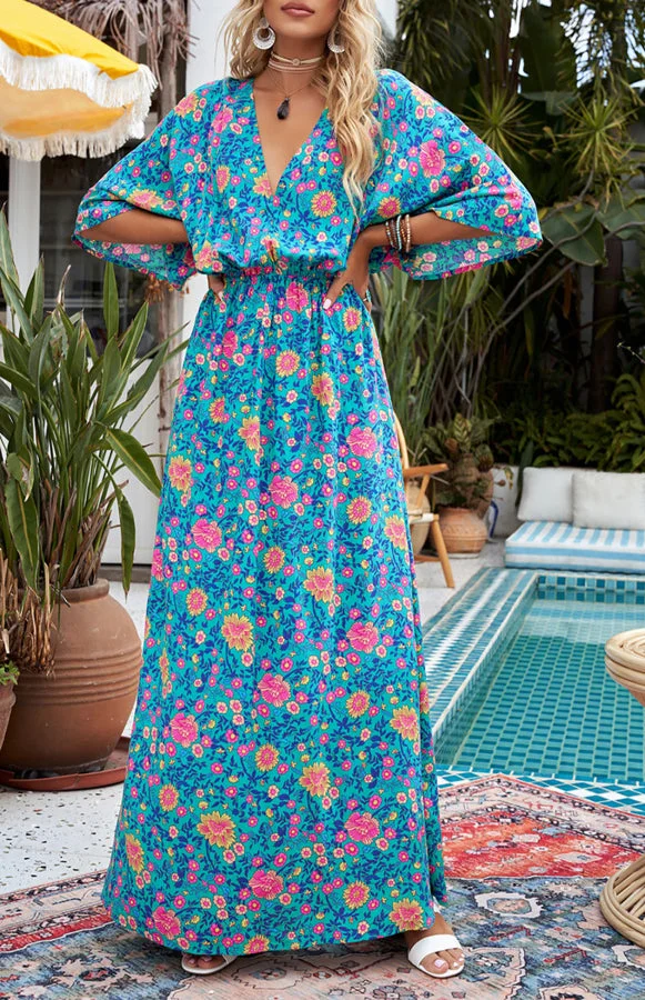 Women's Green Boho Deep V Neck Floral Maxi Dress
