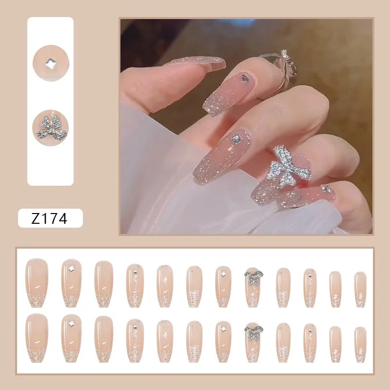 24PCS Fake Nails with Shiny Bow Diamond Design  Long Coffin Head French Style Press on Nails Wearable Full Finished Nail Patches-Nail Inspo