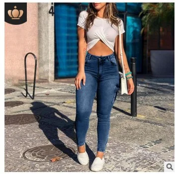 Uveng Uveng And Winter New Zipper Folded Women's Trousers Pocket Fashion Thin White Tower Women's High-Waisted Small-Footed Jeans