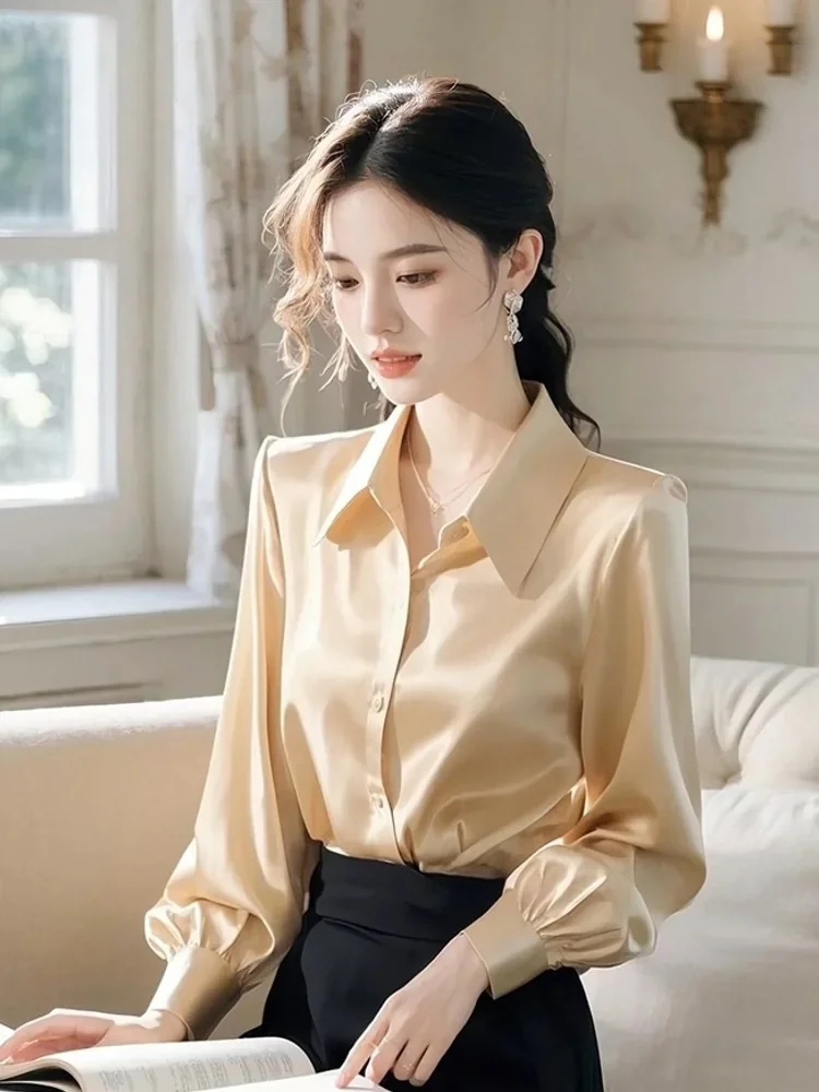 Athvotar Athvotar Luxury High-End Champagne Color Color Color At-Alcoat Dress Female Spring French Polo Collar Acetic Acid-Singing Noodles Professional Top
