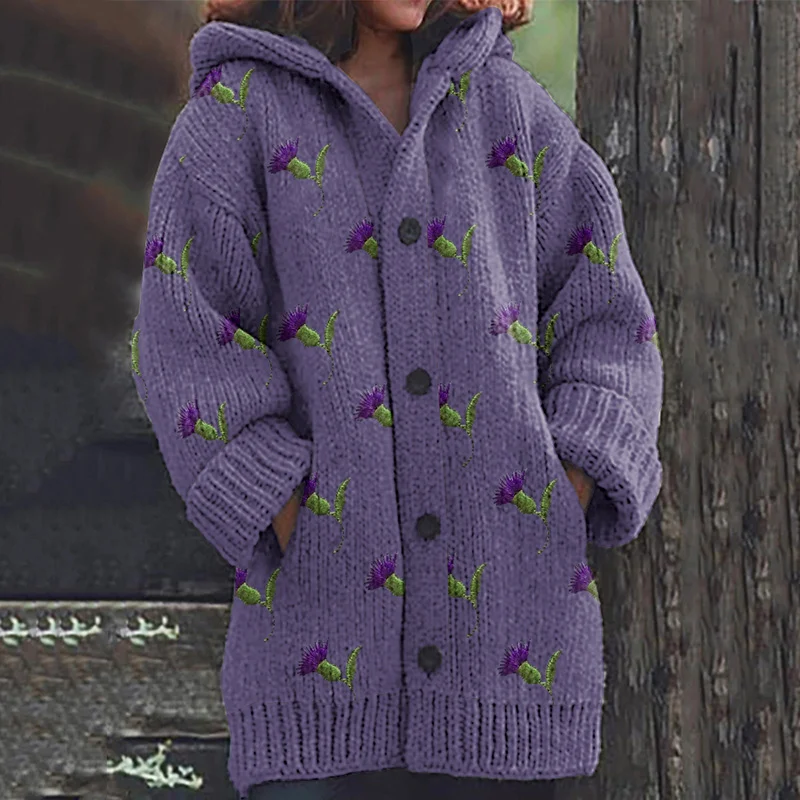 Thistle Embroidery Knit Hooded Cardigan