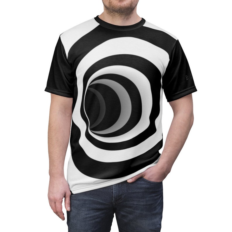 Optical Illusion Asymmetrical Black Hole Tunnel Circle Ring Stripes (Black/White) - Unisex AOP T-Shirt