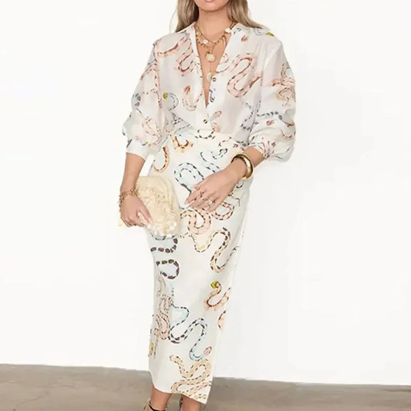 Brownm Brownm 2024 New Women's Temperament Elegant Snake Print Shirt Long Sleeve Slit Skirt Loose Suit