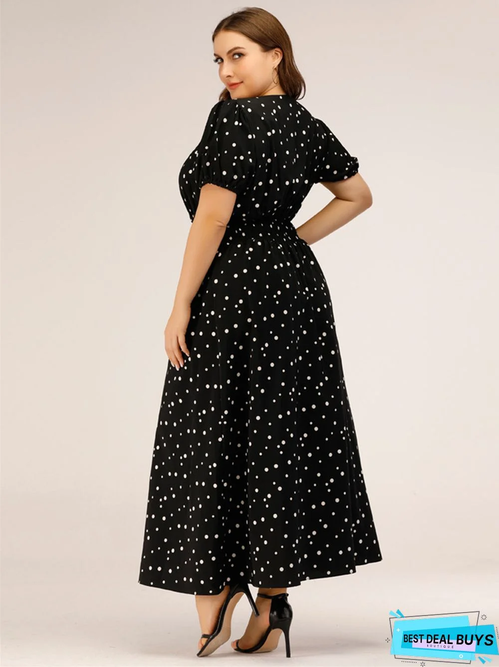 Square-Necked Bubble Sleeves Long Polka-Dot Dress