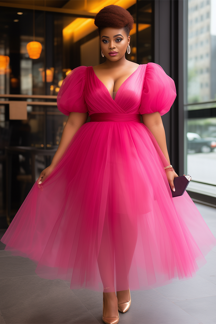Xpluswear Design Plus Size Cocktail Party Hot Pink Wrap Neck Puff Sleeve Half Sleeve Crinkle Chest Tulle Midi Dresses [Pre-Order]