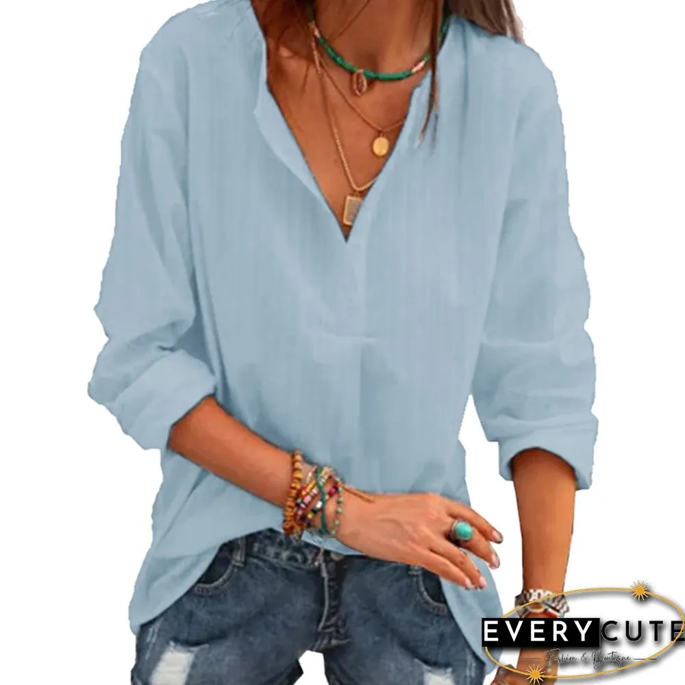 Light Blue Solid Button V Neck Long Sleeve Shirt