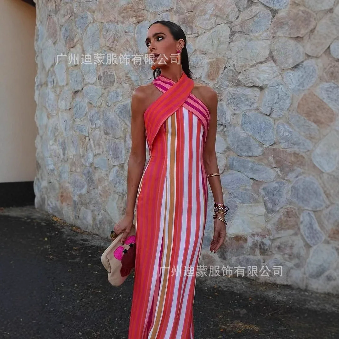 Nigikala Nigikala Women's Clothing Hanging Neck Strapless Pocketed Hips Striped Dress