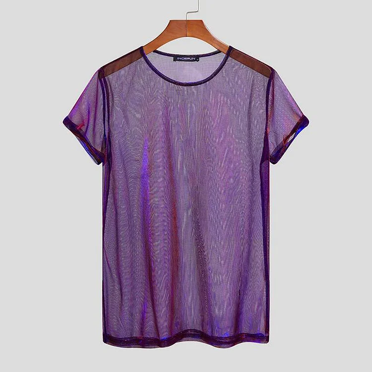 Men's Party Nightclub Short Sleeve Sexy Shiny See Through Mesh T-Shirts at Hiphopee