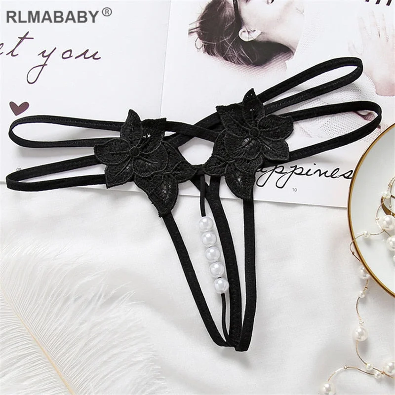 Sexy Hollow Out Hot Women Lingerie G-String Double Strap Pearl Massage Underwear Thong Solid Color Low Waist Temptation Panties