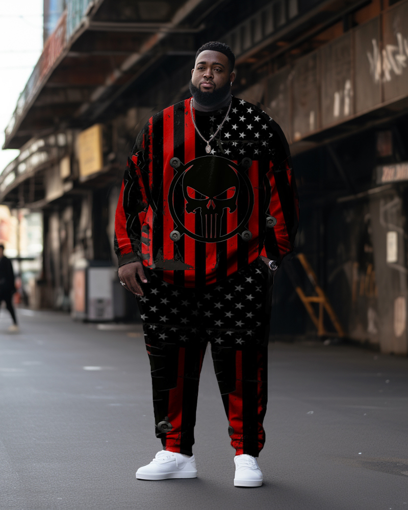 Men's Skull Stars Color Block Lines Large Size Sweatshirt Two Piece Set