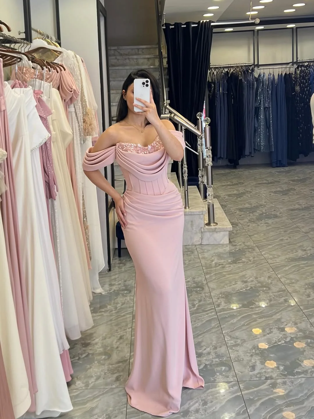 Charming Pink Off-The-Shoulder Pleated Applique Mermaid Prom Dress YK0192