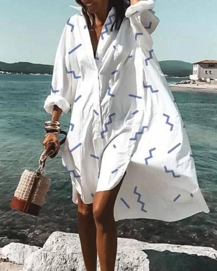 Fashion Wave Print Shirt Dress