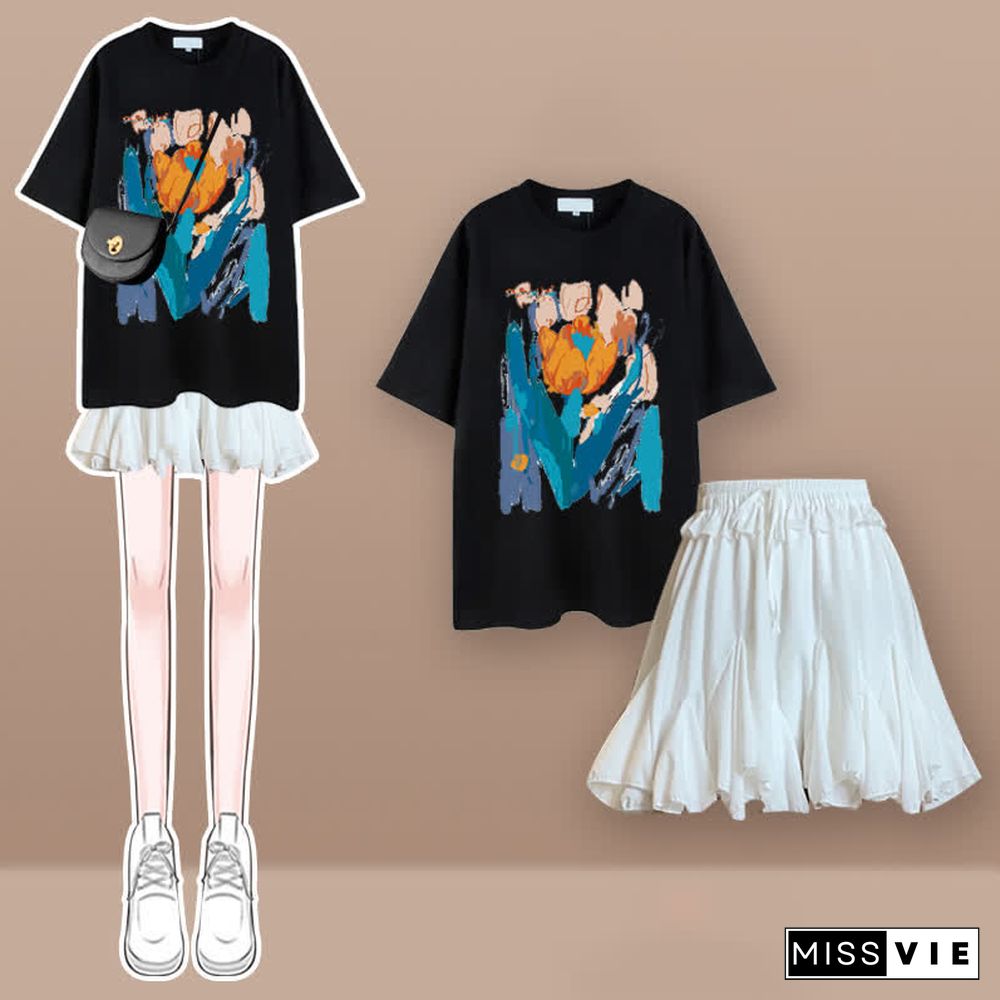 Tulip Cherry Blossom Print T-Shirt Pleated Skirt Two Pieces Set