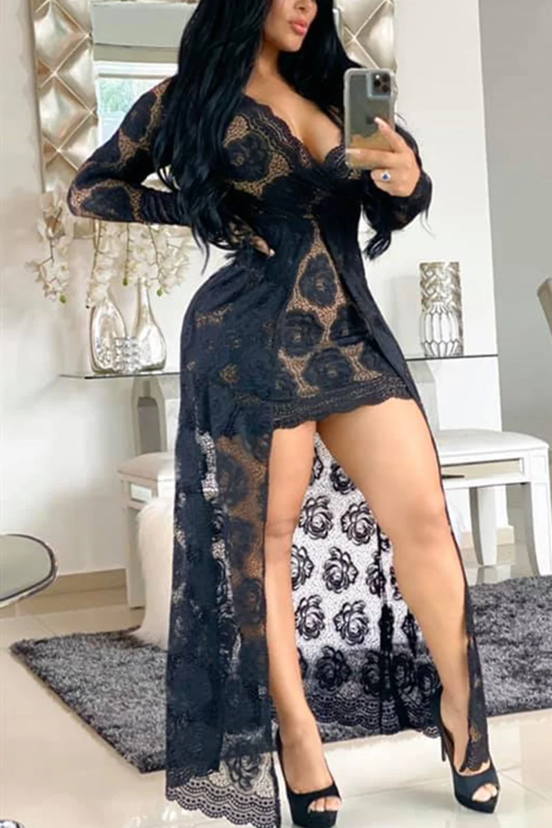 Black Sexy Fashion Long Sleeve Lace Dress | EGEMISS